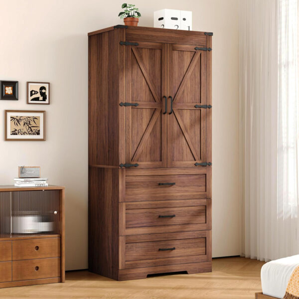 68870b551fed306863b31e67dadf3719bb0be7f13b4fa09237461.jpg 3 Door Armoire Wardrobe Closet Cabinet with 3 Drawers and Drawers, Farmhouse Bedroom Armoire with Hanging Rod and Adjustable Shelves, Large Capacity Storage Wardrobe Armoire for Bedroom, Brown