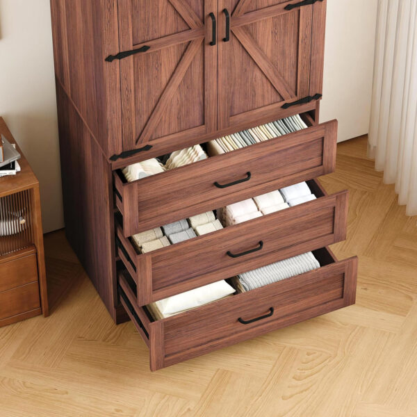 68870b6d48c156a477f8773c0e1f648c3360a599843b7b41fbddf.jpg 3 Door Armoire Wardrobe Closet Cabinet with 3 Drawers and Drawers, Farmhouse Bedroom Armoire with Hanging Rod and Adjustable Shelves, Large Capacity Storage Wardrobe Armoire for Bedroom, Brown