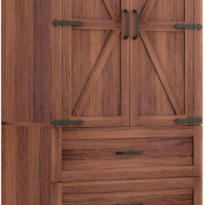 68870b723065517f0c4882553c4b9dfc259dc3bf989e7940ab03c.jpg 3 Door Armoire Wardrobe Closet Cabinet with 3 Drawers and Drawers, Farmhouse Bedroom Armoire with Hanging Rod and Adjustable Shelves, Large Capacity Storage Wardrobe Armoire for Bedroom, Brown