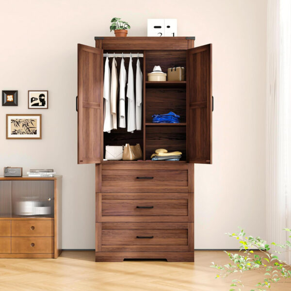 68870b7560660d1f1f00e2af8fea0cd71f10f17175a31b8a9d657.jpg 3 Door Armoire Wardrobe Closet Cabinet with 3 Drawers and Drawers, Farmhouse Bedroom Armoire with Hanging Rod and Adjustable Shelves, Large Capacity Storage Wardrobe Armoire for Bedroom, Brown