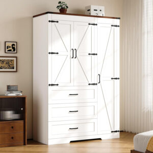 68870b8195e33ef8de0731374a1dc2e12a23f6092c384599d61f9.jpg 3 Door Armoire Wardrobe Closet Cabinet with 3 Drawers and Drawers, Farmhouse Bedroom Armoire with Hanging Rod and Adjustable Shelves, Large Capacity Storage Wardrobe Armoire for Bedroom, Brown