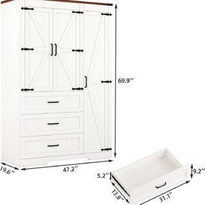 68870b832fcebc70a3771ddb62599f8c98ede8521837d37bbed36.jpg 3 Door Armoire Wardrobe Closet Cabinet with 3 Drawers and Drawers, Farmhouse Bedroom Armoire with Hanging Rod and Adjustable Shelves, Large Capacity Storage Wardrobe Armoire for Bedroom, Brown