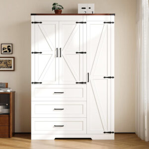 68870b89062cf7640aa29ecaec81bdca17e5ab3863e1d22e4e73c.jpg 3 Door Armoire Wardrobe Closet Cabinet with 3 Drawers and Drawers, Farmhouse Bedroom Armoire with Hanging Rod and Adjustable Shelves, Large Capacity Storage Wardrobe Armoire for Bedroom, Brown