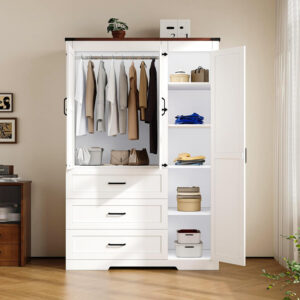 68870b8ee3e5004fd8fdd73e2c39cf046c86c5a4250ef237429ae.jpg 3 Door Armoire Wardrobe Closet Cabinet with 3 Drawers and Drawers, Farmhouse Bedroom Armoire with Hanging Rod and Adjustable Shelves, Large Capacity Storage Wardrobe Armoire for Bedroom, Brown