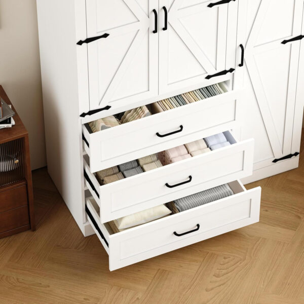 68870b927d8a636cc199bc7098895a4dc532ec467efed40109219.jpg 3 Door Armoire Wardrobe Closet Cabinet with 3 Drawers and Drawers, Farmhouse Bedroom Armoire with Hanging Rod and Adjustable Shelves, Large Capacity Storage Wardrobe Armoire for Bedroom, Brown