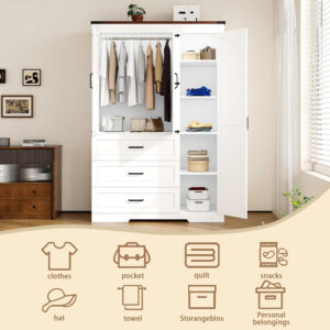 68870b97eb80b1e198ff01fade1dba8e2d92c8170b5ec9434fadc.jpg 3 Door Armoire Wardrobe Closet Cabinet with 3 Drawers and Drawers, Farmhouse Bedroom Armoire with Hanging Rod and Adjustable Shelves, Large Capacity Storage Wardrobe Armoire for Bedroom, Brown