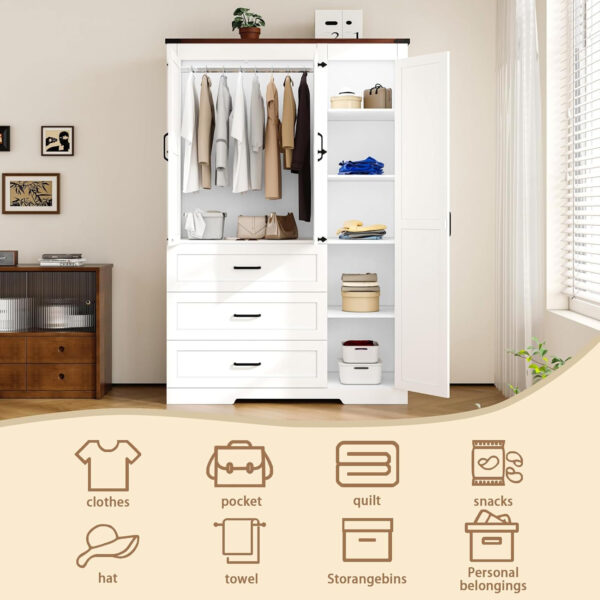 68870b97eb80b1e198ff01fade1dba8e2d92c8170b5ec9434fadc.jpg 3 Door Armoire Wardrobe Closet Cabinet with 3 Drawers and Drawers, Farmhouse Bedroom Armoire with Hanging Rod and Adjustable Shelves, Large Capacity Storage Wardrobe Armoire for Bedroom, Brown