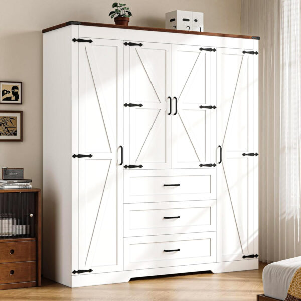 68870b9fea6db2b3fc7a62559fba29ca854b18fe70f9d4e52c974.jpg 3 Door Armoire Wardrobe Closet Cabinet with 3 Drawers and Drawers, Farmhouse Bedroom Armoire with Hanging Rod and Adjustable Shelves, Large Capacity Storage Wardrobe Armoire for Bedroom, Brown