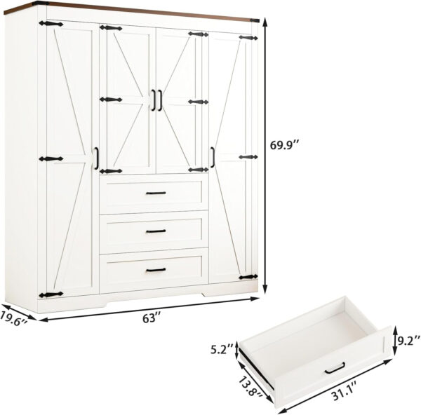 68870ba26a887418d851a62024d05694093e1588c6f60f362dada.jpg 3 Door Armoire Wardrobe Closet Cabinet with 3 Drawers and Drawers, Farmhouse Bedroom Armoire with Hanging Rod and Adjustable Shelves, Large Capacity Storage Wardrobe Armoire for Bedroom, Brown
