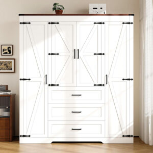 68870ba4aa4c054cc4a616e87040c73b32222eed584b71662b13a.jpg 3 Door Armoire Wardrobe Closet Cabinet with 3 Drawers and Drawers, Farmhouse Bedroom Armoire with Hanging Rod and Adjustable Shelves, Large Capacity Storage Wardrobe Armoire for Bedroom, Brown