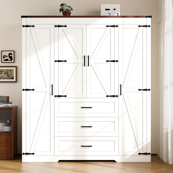68870ba4aa4c054cc4a616e87040c73b32222eed584b71662b13a.jpg 3 Door Armoire Wardrobe Closet Cabinet with 3 Drawers and Drawers, Farmhouse Bedroom Armoire with Hanging Rod and Adjustable Shelves, Large Capacity Storage Wardrobe Armoire for Bedroom, Brown