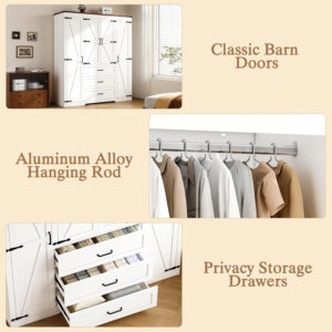 68870ba8231fcd8e3c32b644b439c8c2867e139b22a53ad0dde5c.jpg 3 Door Armoire Wardrobe Closet Cabinet with 3 Drawers and Drawers, Farmhouse Bedroom Armoire with Hanging Rod and Adjustable Shelves, Large Capacity Storage Wardrobe Armoire for Bedroom, Brown