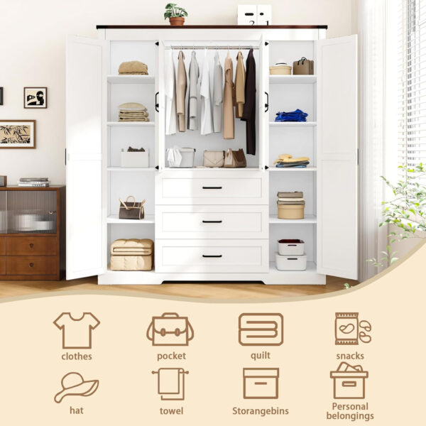 68870baa6cda336309d950563f225a5030d45ce25fcce10372a8c.jpg 3 Door Armoire Wardrobe Closet Cabinet with 3 Drawers and Drawers, Farmhouse Bedroom Armoire with Hanging Rod and Adjustable Shelves, Large Capacity Storage Wardrobe Armoire for Bedroom, Brown