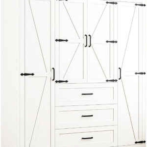 68870babb45d768b3c7484ee7ccb914b432c31010ad0d2b124b4c.jpg 3 Door Armoire Wardrobe Closet Cabinet with 3 Drawers and Drawers, Farmhouse Bedroom Armoire with Hanging Rod and Adjustable Shelves, Large Capacity Storage Wardrobe Armoire for Bedroom, Brown