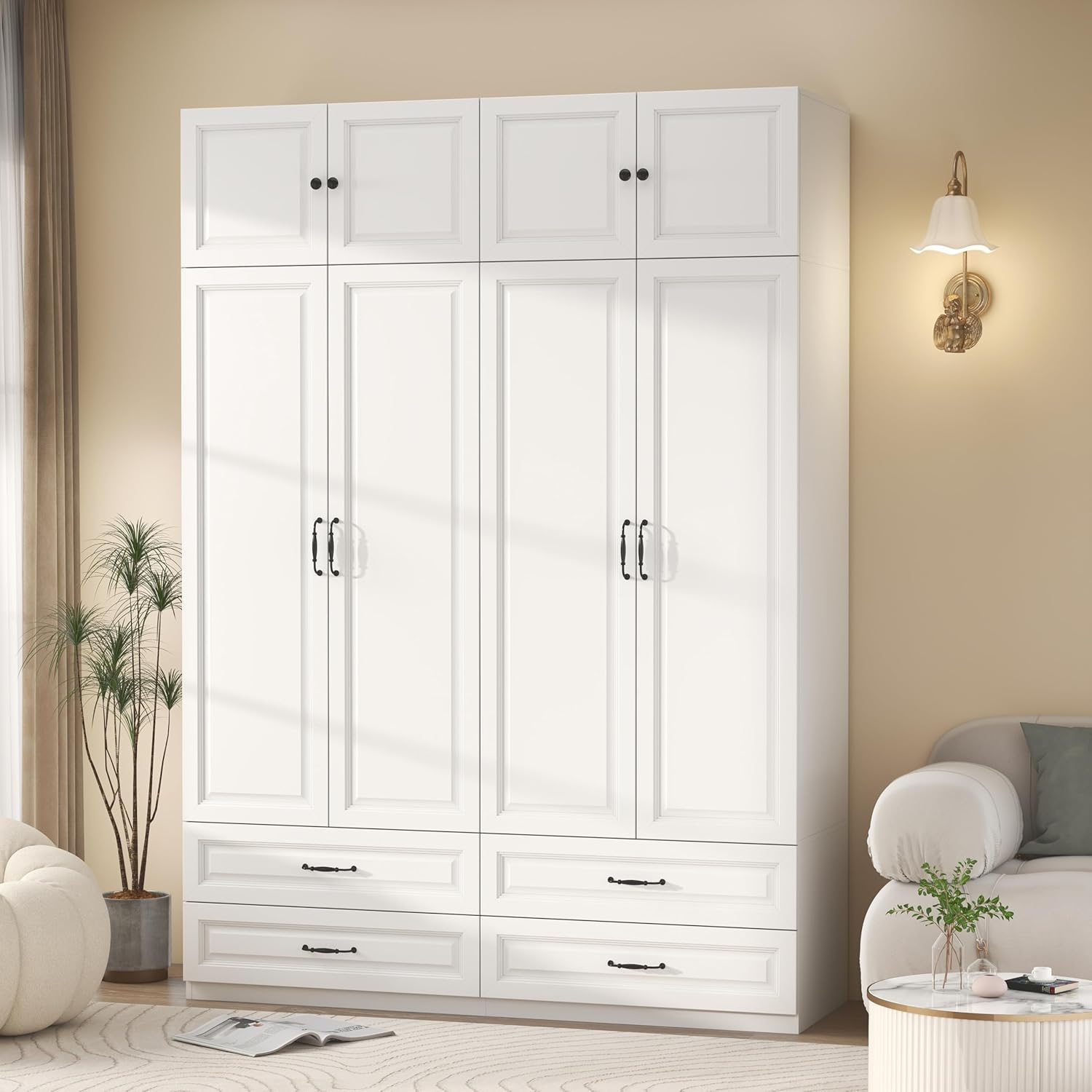 Armoire Wardrobe Closet with 4 Drawers: 88" White Bedroom Closet, Wood Wardrobe Closets with 4 Doors, Tall Armoire Cabinet and Storage Shelves for Clothing (63")