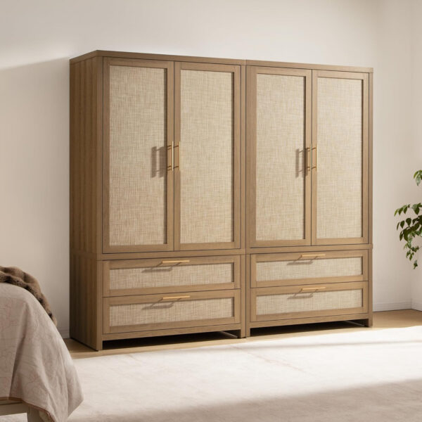 68870bf3c19a42fa1e10869f0b1ae3a425dbd28de2fa88b6da231.jpg SICOTAS Larger Armoire Wardrobe Closet, 71" Tall Rattan Freestanding Wardrobe Closet Cabinet with Storage and 2 Drawers, Boho Armoire Clothes Organizer with Hanging Rod for Bedroom, Oak (2 Pieces)