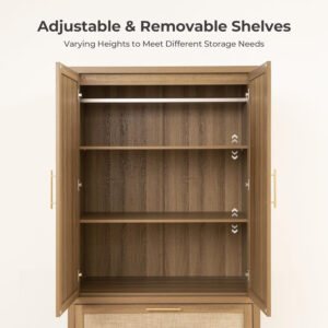 68870bf632ff309a96dfe6c9557322b2741248368ff7ee344e29d.jpg SICOTAS Larger Armoire Wardrobe Closet, 71" Tall Rattan Freestanding Wardrobe Closet Cabinet with Storage and 2 Drawers, Boho Armoire Clothes Organizer with Hanging Rod for Bedroom, Oak (2 Pieces)