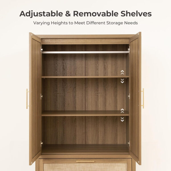 68870bf632ff309a96dfe6c9557322b2741248368ff7ee344e29d.jpg SICOTAS Larger Armoire Wardrobe Closet, 71" Tall Rattan Freestanding Wardrobe Closet Cabinet with Storage and 2 Drawers, Boho Armoire Clothes Organizer with Hanging Rod for Bedroom, Oak (2 Pieces)