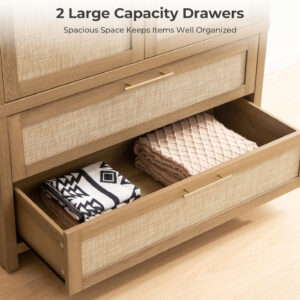 68870bf74b283998ff641a238a394744bb31a6226bc2b3e4529e4.jpg SICOTAS Larger Armoire Wardrobe Closet, 71" Tall Rattan Freestanding Wardrobe Closet Cabinet with Storage and 2 Drawers, Boho Armoire Clothes Organizer with Hanging Rod for Bedroom, Oak (2 Pieces)
