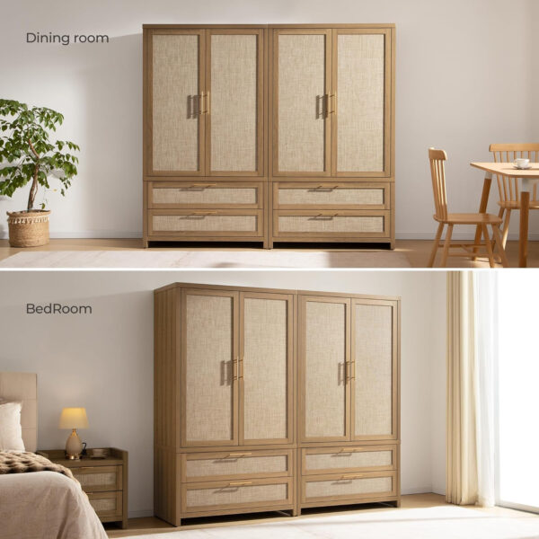 68870bf88aeeced88ee18af0c742ea43851136b6ddba4ad3c4890.jpg SICOTAS Larger Armoire Wardrobe Closet, 71" Tall Rattan Freestanding Wardrobe Closet Cabinet with Storage and 2 Drawers, Boho Armoire Clothes Organizer with Hanging Rod for Bedroom, Oak (2 Pieces)