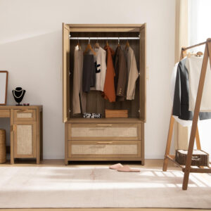 68870bfbbd08f28f255564d175889e00e9de12109fee2719ae880.jpg SICOTAS Larger Armoire Wardrobe Closet, 71" Tall Rattan Freestanding Wardrobe Closet Cabinet with Storage and 2 Drawers, Boho Armoire Clothes Organizer with Hanging Rod for Bedroom, Oak (2 Pieces)