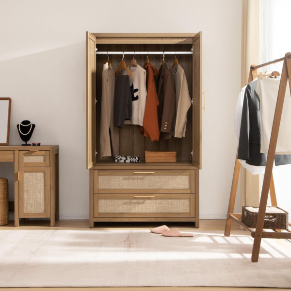 68870bfbbd08f28f255564d175889e00e9de12109fee2719ae880.jpg SICOTAS Larger Armoire Wardrobe Closet, 71" Tall Rattan Freestanding Wardrobe Closet Cabinet with Storage and 2 Drawers, Boho Armoire Clothes Organizer with Hanging Rod for Bedroom, Oak (2 Pieces)