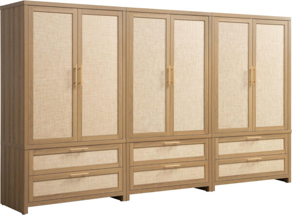 68870bfde01da0fea792ae472cad357e370a70712d73ec39fc03c.jpg SICOTAS Larger Armoire Wardrobe Closet, 71" Tall Rattan Freestanding Wardrobe Closet Cabinet with Storage and 2 Drawers, Boho Armoire Clothes Organizer with Hanging Rod for Bedroom, Oak (2 Pieces)