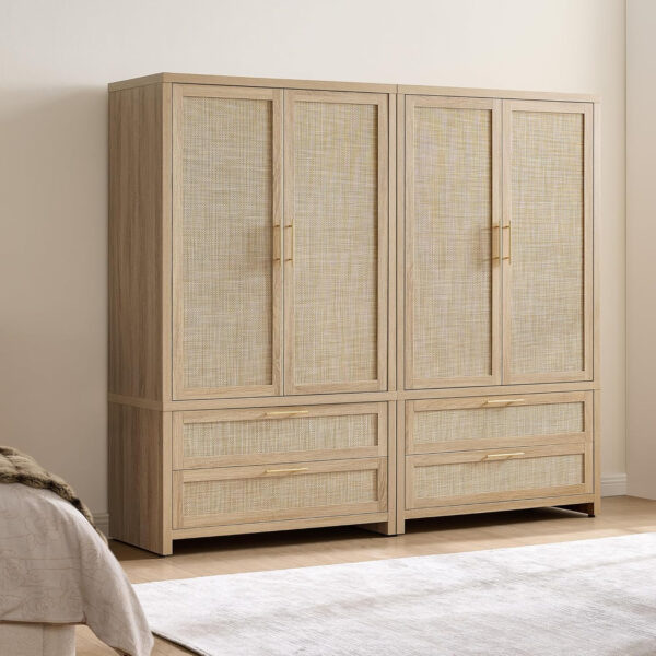68870c00dc11099667b485e82cc517a851a90add99ed9eb5cad55.jpg SICOTAS Larger Armoire Wardrobe Closet, 71" Tall Rattan Freestanding Wardrobe Closet Cabinet with Storage and 2 Drawers, Boho Armoire Clothes Organizer with Hanging Rod for Bedroom, Oak (2 Pieces)