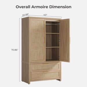 68870c026be7efe0d66b9a1ecbe83ec64599cfef0b5b109f17ec8.jpg SICOTAS Larger Armoire Wardrobe Closet, 71" Tall Rattan Freestanding Wardrobe Closet Cabinet with Storage and 2 Drawers, Boho Armoire Clothes Organizer with Hanging Rod for Bedroom, Oak (2 Pieces)