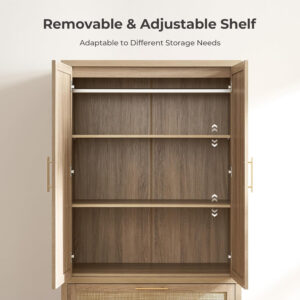 68870c03aad16819d90711464b3fe7ebd4da1bac22a14ae1fa14e.jpg SICOTAS Larger Armoire Wardrobe Closet, 71" Tall Rattan Freestanding Wardrobe Closet Cabinet with Storage and 2 Drawers, Boho Armoire Clothes Organizer with Hanging Rod for Bedroom, Oak (2 Pieces)