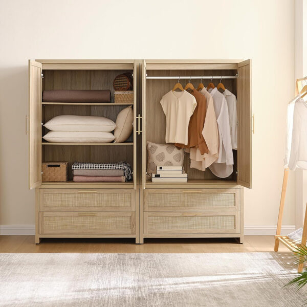 68870c04c706433cc1e8109a9d9cbd99954df187ada58bee64396.jpg SICOTAS Larger Armoire Wardrobe Closet, 71" Tall Rattan Freestanding Wardrobe Closet Cabinet with Storage and 2 Drawers, Boho Armoire Clothes Organizer with Hanging Rod for Bedroom, Oak (2 Pieces)