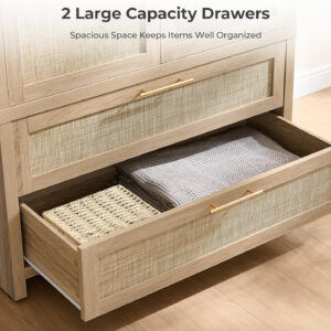 68870c06132e80886c88bf16107442a590d108c97f69b87e51214.jpg SICOTAS Larger Armoire Wardrobe Closet, 71" Tall Rattan Freestanding Wardrobe Closet Cabinet with Storage and 2 Drawers, Boho Armoire Clothes Organizer with Hanging Rod for Bedroom, Oak (2 Pieces)