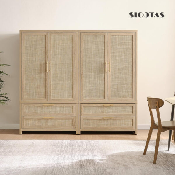 68870c075ee12e063382d4732ac08a11ee466f3814878cbf2600c.jpg SICOTAS Larger Armoire Wardrobe Closet, 71" Tall Rattan Freestanding Wardrobe Closet Cabinet with Storage and 2 Drawers, Boho Armoire Clothes Organizer with Hanging Rod for Bedroom, Oak (2 Pieces)