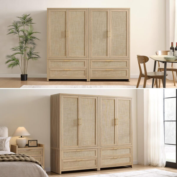 68870c089f00e6c6259acabe9dbb66618ffcdd19e74928b377749.jpg SICOTAS Larger Armoire Wardrobe Closet, 71" Tall Rattan Freestanding Wardrobe Closet Cabinet with Storage and 2 Drawers, Boho Armoire Clothes Organizer with Hanging Rod for Bedroom, Oak (2 Pieces)