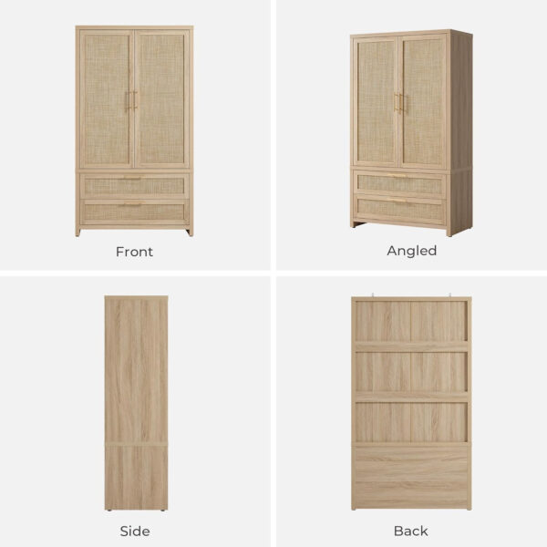68870c0a24b5e57d29cab61f594812254a11ac826167021b5ca74.jpg SICOTAS Larger Armoire Wardrobe Closet, 71" Tall Rattan Freestanding Wardrobe Closet Cabinet with Storage and 2 Drawers, Boho Armoire Clothes Organizer with Hanging Rod for Bedroom, Oak (2 Pieces)