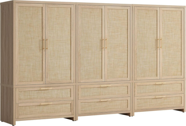 68870c0b5bb9b26add3686d59261d4fd6cb73b6cc14550947641e.jpg SICOTAS Larger Armoire Wardrobe Closet, 71" Tall Rattan Freestanding Wardrobe Closet Cabinet with Storage and 2 Drawers, Boho Armoire Clothes Organizer with Hanging Rod for Bedroom, Oak (2 Pieces)