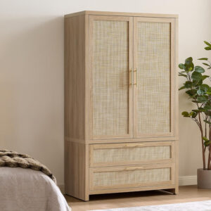 68870c0dcd2a2ab586a85569cff1a6510c032245a4c21c7f41162.jpg SICOTAS Larger Armoire Wardrobe Closet, 71" Tall Rattan Freestanding Wardrobe Closet Cabinet with Storage and 2 Drawers, Boho Armoire Clothes Organizer with Hanging Rod for Bedroom, Oak (2 Pieces)