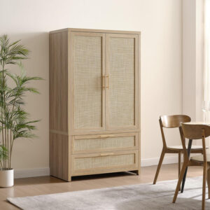 68870c0f26b414f485fd30809f4c055bcd77a78113bd98d00fc28.jpg SICOTAS Larger Armoire Wardrobe Closet, 71" Tall Rattan Freestanding Wardrobe Closet Cabinet with Storage and 2 Drawers, Boho Armoire Clothes Organizer with Hanging Rod for Bedroom, Oak (2 Pieces)