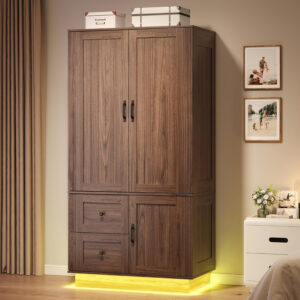 68870c865c3c56384081b8c1b59f508531e51508501ddf314f1f3.jpg LIKIMIO 70'' Tall Wardrobe Closet with LED Lights, Wooden Large Bedroom Armoires with 2 Drawers and 1 Cabinet, Farmhouse Wardrobe Cabinet with Doors and Hanging Rod, Walnut