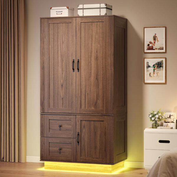 68870c865c3c56384081b8c1b59f508531e51508501ddf314f1f3.jpg LIKIMIO 70'' Tall Wardrobe Closet with LED Lights, Wooden Large Bedroom Armoires with 2 Drawers and 1 Cabinet, Farmhouse Wardrobe Cabinet with Doors and Hanging Rod, Walnut