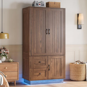 68870c8b65352e26e5f2ad67a2ad9e26facde451ee65800b471b4.jpg LIKIMIO 70'' Tall Wardrobe Closet with LED Lights, Wooden Large Bedroom Armoires with 2 Drawers and 1 Cabinet, Farmhouse Wardrobe Cabinet with Doors and Hanging Rod, Walnut