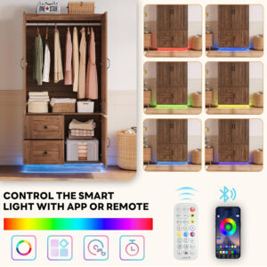 68870c8d1f1798aaae4a4fa344e6dd74602abf809ef1a3bf2b25e.jpg LIKIMIO 70'' Tall Wardrobe Closet with LED Lights, Wooden Large Bedroom Armoires with 2 Drawers and 1 Cabinet, Farmhouse Wardrobe Cabinet with Doors and Hanging Rod, Walnut