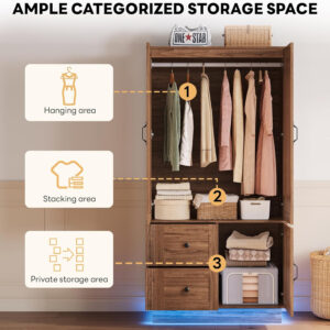 68870c90207a292ff021a4ec131fc5259e3b00627af785c3dc3d5.jpg LIKIMIO 70'' Tall Wardrobe Closet with LED Lights, Wooden Large Bedroom Armoires with 2 Drawers and 1 Cabinet, Farmhouse Wardrobe Cabinet with Doors and Hanging Rod, Walnut