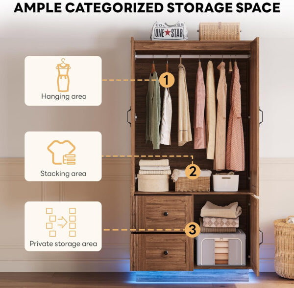 68870c90207a292ff021a4ec131fc5259e3b00627af785c3dc3d5.jpg LIKIMIO 70'' Tall Wardrobe Closet with LED Lights, Wooden Large Bedroom Armoires with 2 Drawers and 1 Cabinet, Farmhouse Wardrobe Cabinet with Doors and Hanging Rod, Walnut
