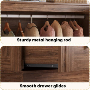 68870c9419fb4184a6a1c58a189760099df0269220c5fd63e1b37.jpg LIKIMIO 70'' Tall Wardrobe Closet with LED Lights, Wooden Large Bedroom Armoires with 2 Drawers and 1 Cabinet, Farmhouse Wardrobe Cabinet with Doors and Hanging Rod, Walnut