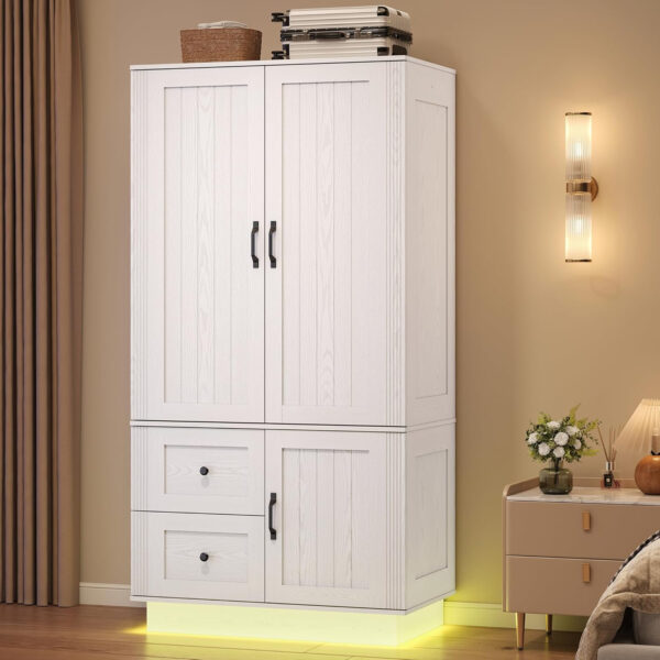 68870c9b14656aea19553eebe9355b8f046689d940a508fbd28e9.jpg LIKIMIO 70'' Tall Wardrobe Closet with LED Lights, Wooden Large Bedroom Armoires with 2 Drawers and 1 Cabinet, Farmhouse Wardrobe Cabinet with Doors and Hanging Rod, Walnut