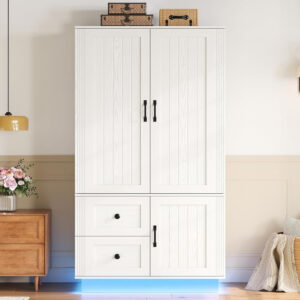 68870c9dbdef803057c007c13988702a2a017c6aec8545971d6d7.jpg LIKIMIO 70'' Tall Wardrobe Closet with LED Lights, Wooden Large Bedroom Armoires with 2 Drawers and 1 Cabinet, Farmhouse Wardrobe Cabinet with Doors and Hanging Rod, Walnut