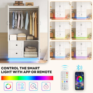 68870c9ee6ff73e45c279bc06439390fa540875f66cbeef67acb3.jpg LIKIMIO 70'' Tall Wardrobe Closet with LED Lights, Wooden Large Bedroom Armoires with 2 Drawers and 1 Cabinet, Farmhouse Wardrobe Cabinet with Doors and Hanging Rod, Walnut