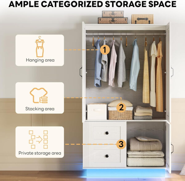 68870ca0472d6d9c590b39a02a56fb35a27b0481e4e23b654027a.jpg LIKIMIO 70'' Tall Wardrobe Closet with LED Lights, Wooden Large Bedroom Armoires with 2 Drawers and 1 Cabinet, Farmhouse Wardrobe Cabinet with Doors and Hanging Rod, Walnut