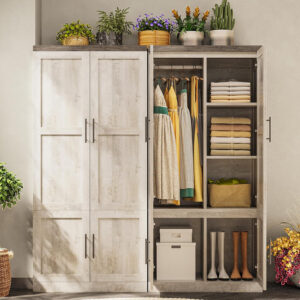 LIKIMIO Large Wardrobe Closet, Farmhouse Clothing Storage Cabinet with Hanging Rod and 2 Doors, Wooden Tall Bedroom Armoires with Storage Shelves, Rustic White